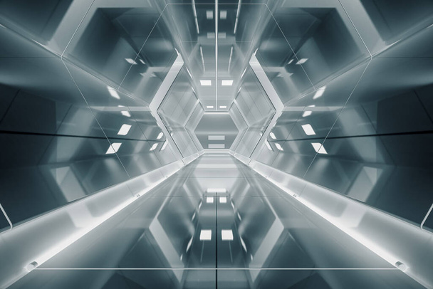 Soyut Altıgen Uzay Gemisi Koridoru. Işıklı geleceksel tünel. Geleceğin iç mimarisi, iş dünyası, bilim kurgu konsepti. 3d oluşturma - Fotoğraf, Görsel