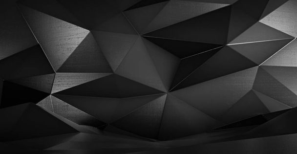 Absztrakt fekete futurisztikus sokszögletű háromszög alakú felület. Alacsony poli kristály véletlenszerű minta háttér. 3D-s renderelés. - Fotó, kép