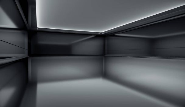 Современная футуристическая концепция фона с черным экраном. Пустой будущий чистый темный ящик внутренняя комната со светом. 3D рендеринг. - Фото, изображение