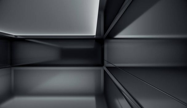 Contemporary futuristinen konsepti tausta musta ruutu. Tyhjä tulevaisuus puhdas tumma laatikko sisustus huone Light. 3D-renderointi. - Valokuva, kuva