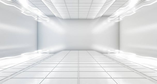 Moderní Hi-Tech prázdný prostor tmavý pokoj s bílou neonovou zářící světelné trubice. Abstraktní futuristický koncept pozadí. 3D vykreslování - Fotografie, Obrázek