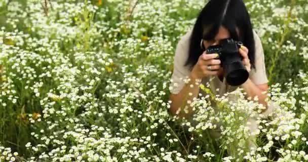 Γυναίκα φωτογράφος τραβήξτε φωτογραφία σε εξωτερικούς χώρους στο τοπίο λουλούδι τομέα κρατώντας μια φωτογραφική μηχανή - Πλάνα, βίντεο