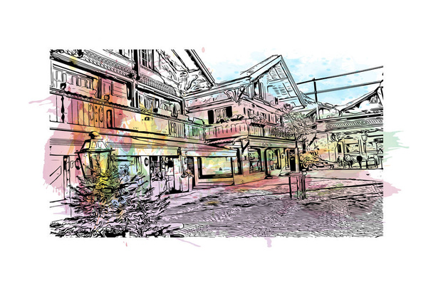 Print Building view with landmark of Gstaad is an upscale resort town in the Bernese Oberland region of the Swiss Alps. Watercolor splash with hand drawn sketch illustration in vector. - Vector, Image