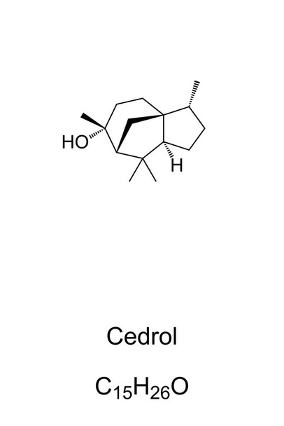 Cedrol, chemical formula and skeletal structure. Organic compound, found in the essential oil of conifers, cedar oil, especially in cypress and juniper, used as aroma compounds. Illustration. Vector. - Vector, Image