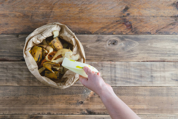 Ręczne składanie resztek owoców w papierowej torbie ze skórkami z kompostowalnych owoców. Przestrzeń kopiowania. - Zdjęcie, obraz