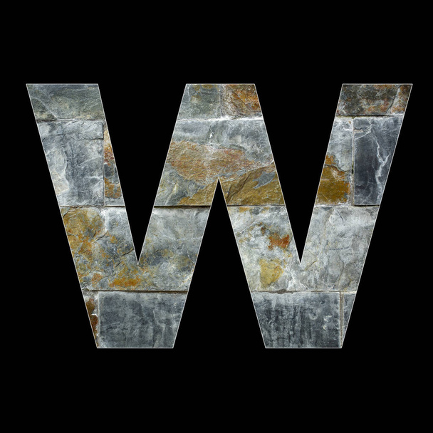 Rustic stone letter W - Black background - Foto, afbeelding