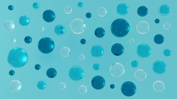 kék tónus pasztell tiszta víz buborékok lebegő a levegőben, színes üveggolyók fényes kék háttér, tisztaság friss koncepció, 3d illusztráció - Fotó, kép