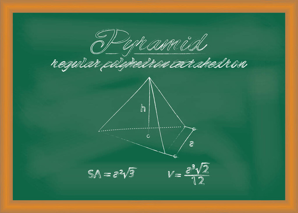 Pyramid. Sketch of geometric figure and formulas for calculating its surface area and volume drawn in chalk on chalkboard - Vector, Image