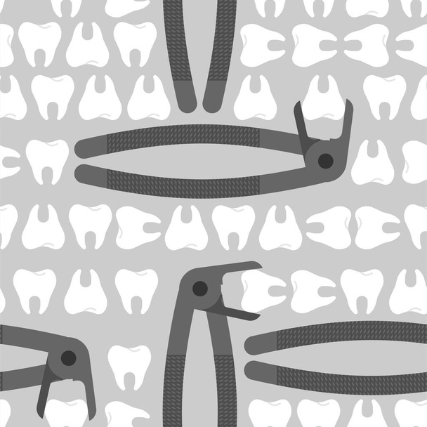 Pinzas dentales y patrón de dientes sin costuras. Herramienta dentista para extraer el fondo dental - Vector, Imagen