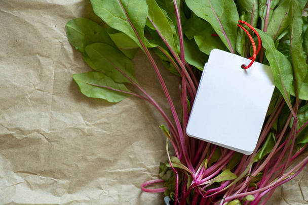 Mangold-Salat im Topf liegt auf braunem Papier, grüner Salat mit weißem Blanko-Preisschild, Gemüsepreis, Salat - Foto, Bild