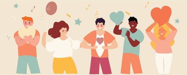 Happy people group holding hearts and celebrate the moment. Men and women smile, dance and spread positive vibes. Love, charity, volunteering Valentine's Mother's or Women's day concept card. Flat design characters style. Vector illustration. - Vector, Image