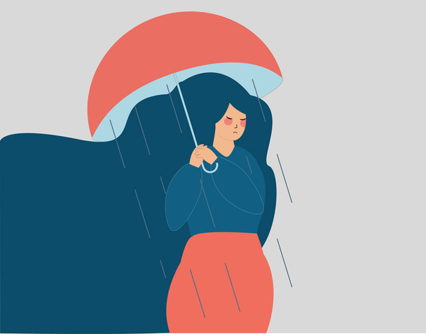 Eine Frau mit Depressionen hält einen Regenschirm in der Hand, der sie nicht vor dem nebligen Wetter und Regen schützt. Gestresstes Mädchen in einer traurigen Situation. Psychische Gesundheit, negativer emotionaler Zustand, Innenweltkonzept. Vektorillustration. Flacher Designstil - Vektor, Bild