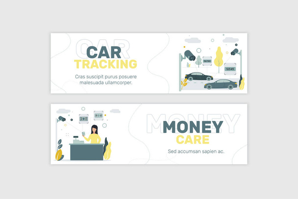 Banner. CCTV. Video surveillance. Remote access. Street cameras record license plates of cars. The camcorder captures the bills in the hands of the cashier. Vector illustration. - Vector, Image
