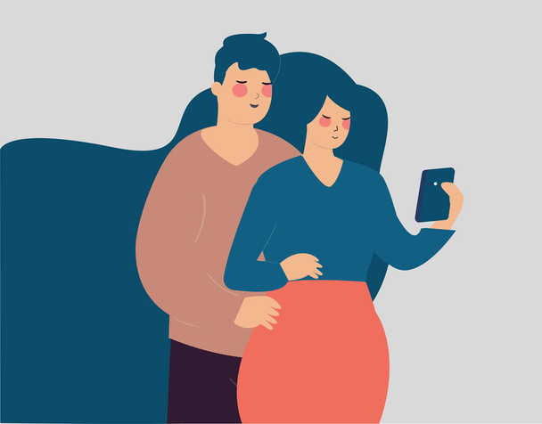Пара, делающая селфи на мобильном. Пара мужчин и женщин встречаются и заняты своими смартфонами, чтобы общаться, фотографировать, делиться в социальных сетях. Концепция социальной сети зависимость, любовь, отношения. Векторная иллюстрация - Вектор,изображение