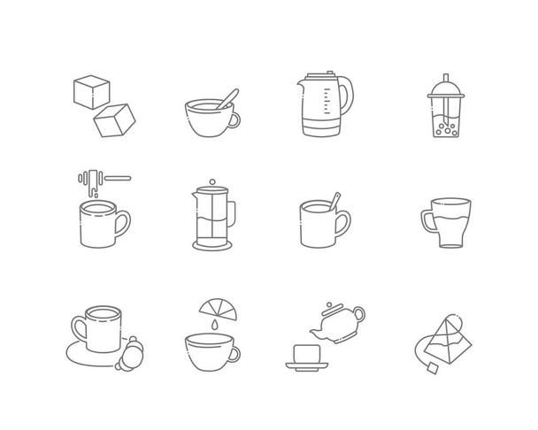 Icone lineari del tè. Tutto per bere tè. Vettore - Vettoriali, immagini