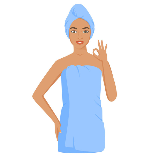 Nuori musta nainen kääritty pyyhkeeseen kylvyn tai suihkun jälkeen. Nainen saunassa tai kylpylässä. Vektori  - Vektori, kuva
