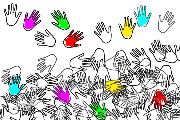 Manos de diferentes colores dibujadas sobre un fondo blanco
 - Foto, Imagen