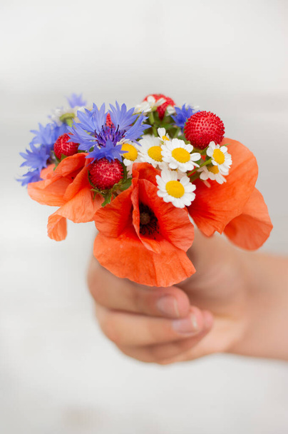 Blurred image of a small bouquet with poppies, daisies, cornflowers, strawberries in the girl's hand on a light background. Summer postcard. - Photo, Image