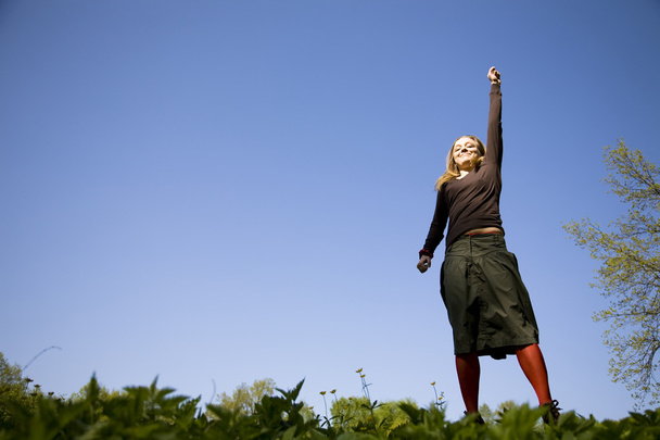 Jump. Blond Woman Jumping Outdoors. - Φωτογραφία, εικόνα