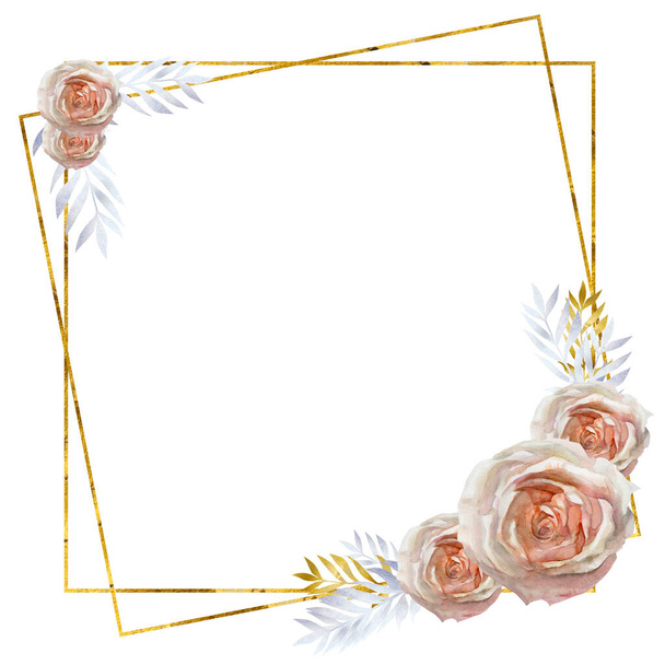 postcard with watercolor roses on a white background in a gold frame - Foto, immagini
