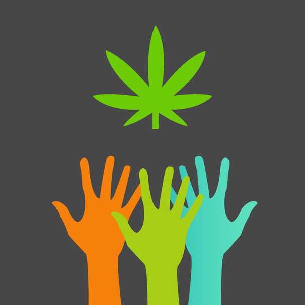 Руки тянутся к листку марихуаны
 - Вектор,изображение