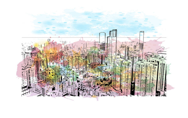 Прінт-білдінг з орієнтиром Гуанчжоу - місто в Китаї. Сплеск водяного кольору з накресленим малюнком у векторі. - Вектор, зображення