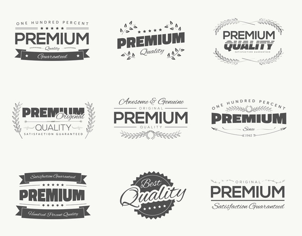 Satisfaction guaranteed vintage premium quality black vector labels and badges set and collection isolation. - Vecteur, image