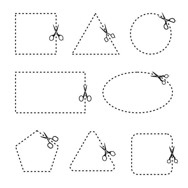 Διανυσματικό σετ ψαλιδιών κοπής. ψαλίδι με κομμένες γραμμές, τετράγωνο, τρίγωνο, πεντάγωνο, ορθογώνιο - Διάνυσμα, εικόνα