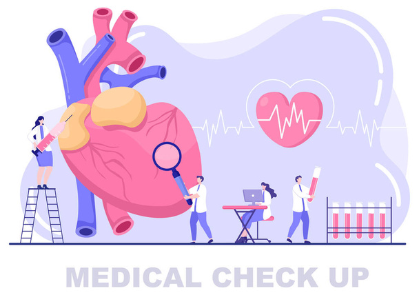 Medical Health Check up Hintergrund Landing Page Illustration. Arzt kümmert sich um Patienten, die Blutdruck oder Herz messen, um Banner und anderes herzustellen - Vektor, Bild