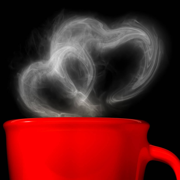 3D Αποτύπωση ενός απομονωμένου υπέροχο φλιτζάνι καφέ με το σχήμα καρδιάς καπνίζει σε μαύρο - Φωτογραφία, εικόνα