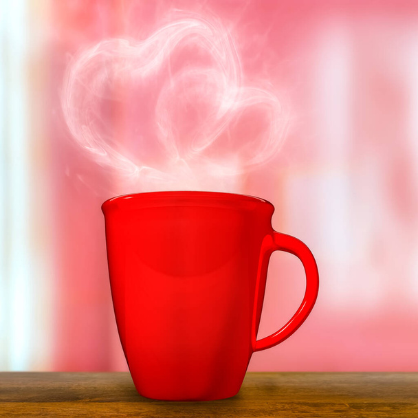 Representación 3D de una encantadora taza de café con humo en forma de corazón en una habitación rosa - Foto, imagen