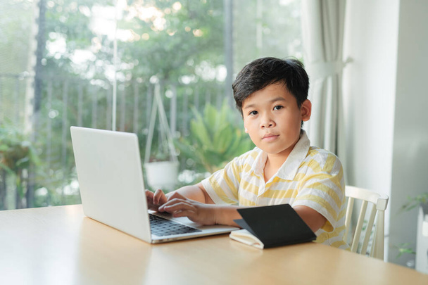 Smart Little Boy використовує ноутбук для відеозв'язку зі своїм вчителем
. - Фото, зображення