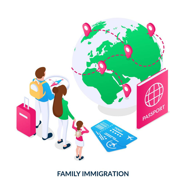 Familienzuwanderungskonzept. Eine junge Familie aus Mutter, Vater und Kind entscheidet, wohin sie zieht. Isometrische Vektordarstellung auf weißem Hintergrund. - Vektor, Bild