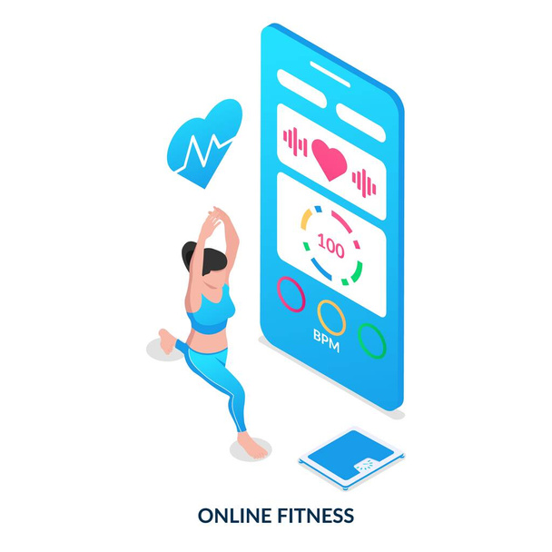 Online fitness concept. A girl in a sports uniform is engaged in fitness at home using a mobile application. Isometric vector illustration on white background. - Vetor, Imagem