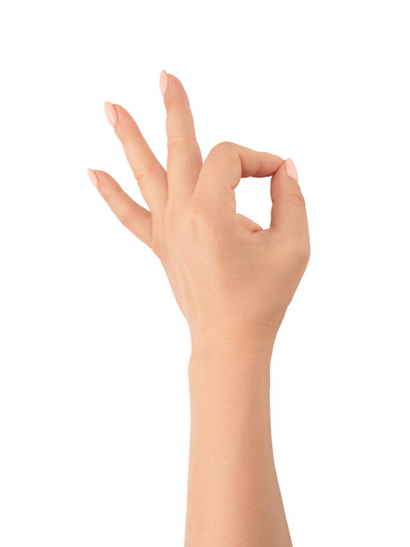 Womans hand ok sign on white background. Gesture all right everything is OK. Isolated white. Close-Up Of Hand Gesturing Against White Background - Foto, Imagem