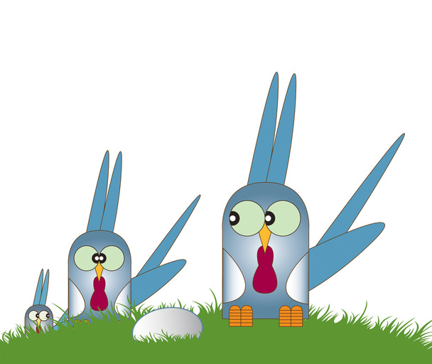 Un'illustrazione del fumetto di tre uccelli dall'aspetto esotico stilizzato ambientato su un tumulo di erba verde. Situato su uno sfondo bianco isolato. Un uccello ha deposto un uovo nel g
 - Foto, immagini