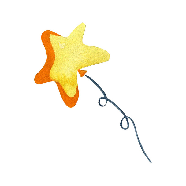 Aquarell-Illustration eines gelben sternförmigen Ballons. Frohe Feiertage, Heißluftballonfahrt. - Foto, Bild