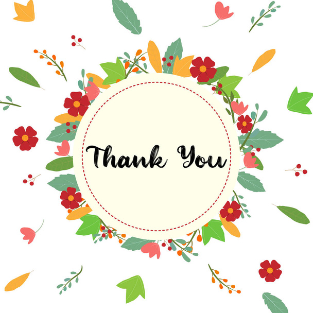 Thank you card. Round frame with colorful flowers and leaves on background. Vector illustration. - ベクター画像
