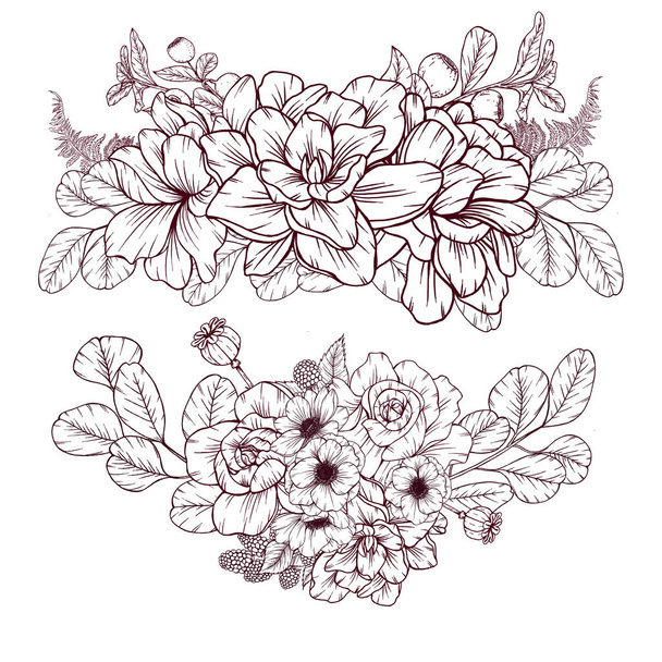 Elegant gardenia flowers with leaves sketch, delicate petals, gorgeous floral illustration, rustic garden wedding design elements - Фото, зображення