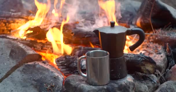 森の中の焚き火の近くのコーヒーメーカーとマグカップ - 映像、動画