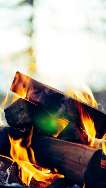 A closeup of burning firewood with a big flame - Fotografie, Obrázek