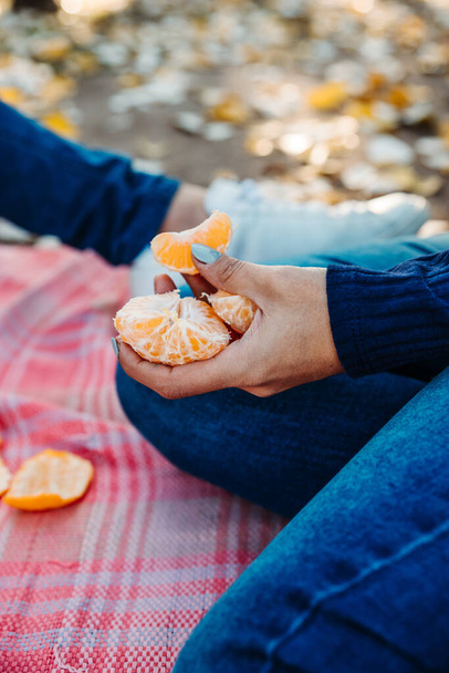 A vertical shot of a female sitting on a picnic blanket in a park holding peeled tangerines - Fotografie, Obrázek