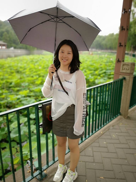 young woman with umbrella and umbrellas - 写真・画像