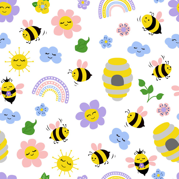Patrón sin costuras con abejas dibujadas a mano lindo, abeja, flores. Diseño para tela, textil, papel pintado, embalaje, para niños. - Vector, imagen