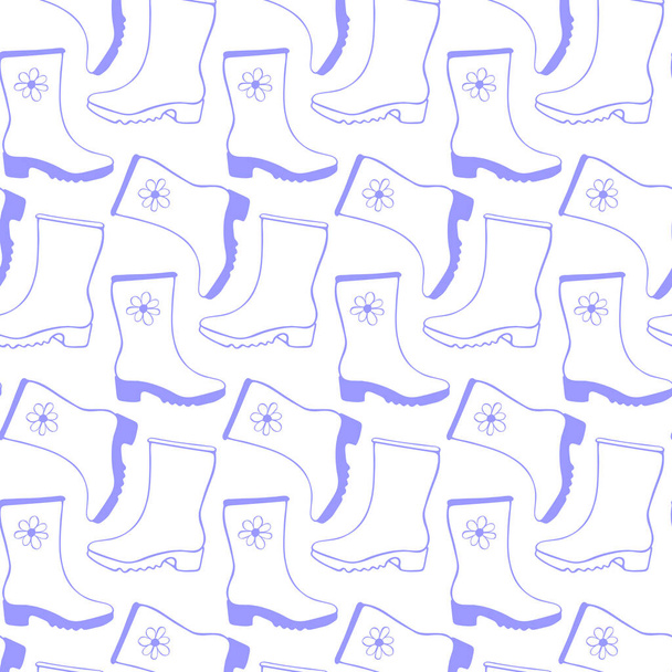 Vector seamless pattern of outline rubber rain boots for rainy weather or gardening, isolated. Hand drawn background and texture with element of clothes in doodle style. - Vector, Image