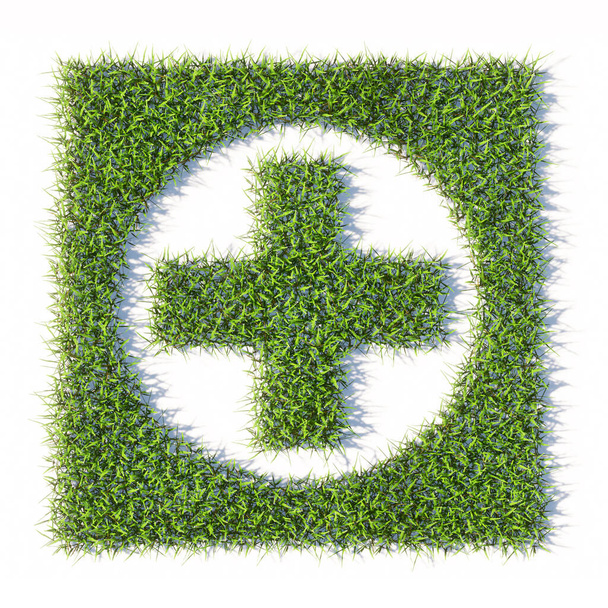 Konzept oder konzeptionelle grüne Sommerrasen Gras-Symbol Form isoliert weißen Hintergrund, Zeichen des Kreuzzeichens. 3D-Illustration Metapher für medizinische Versorgung, Notarzt, Apotheke oder Krankenhaus - Foto, Bild