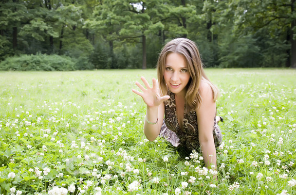 Yeşil çimenlerin üzerinde seksi kadın - Fotoğraf, Görsel