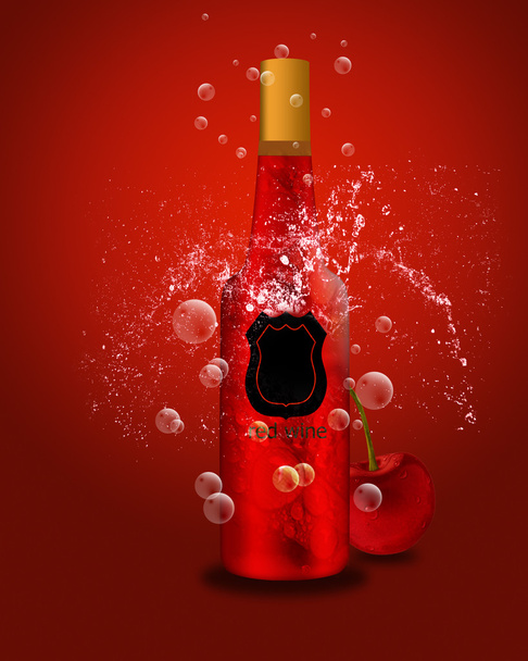 Botella de vino espumoso y cereza
 - Vector, imagen