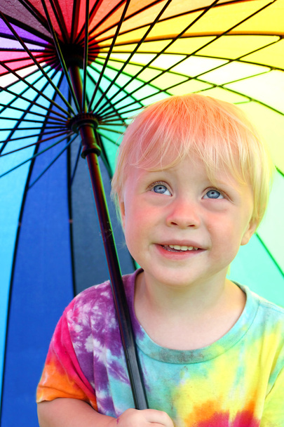 Little Child Under Rainbow Rain Umbrella - Photo, Image