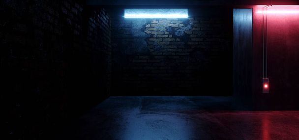 Showcase Neon Club Retro Ziegelwände Beton Grunge Underground Club Dark Cyber Lila Blaulicht Hangar Parkplatz Tunnel Flur 3D Rendering Illustration - Foto, Bild